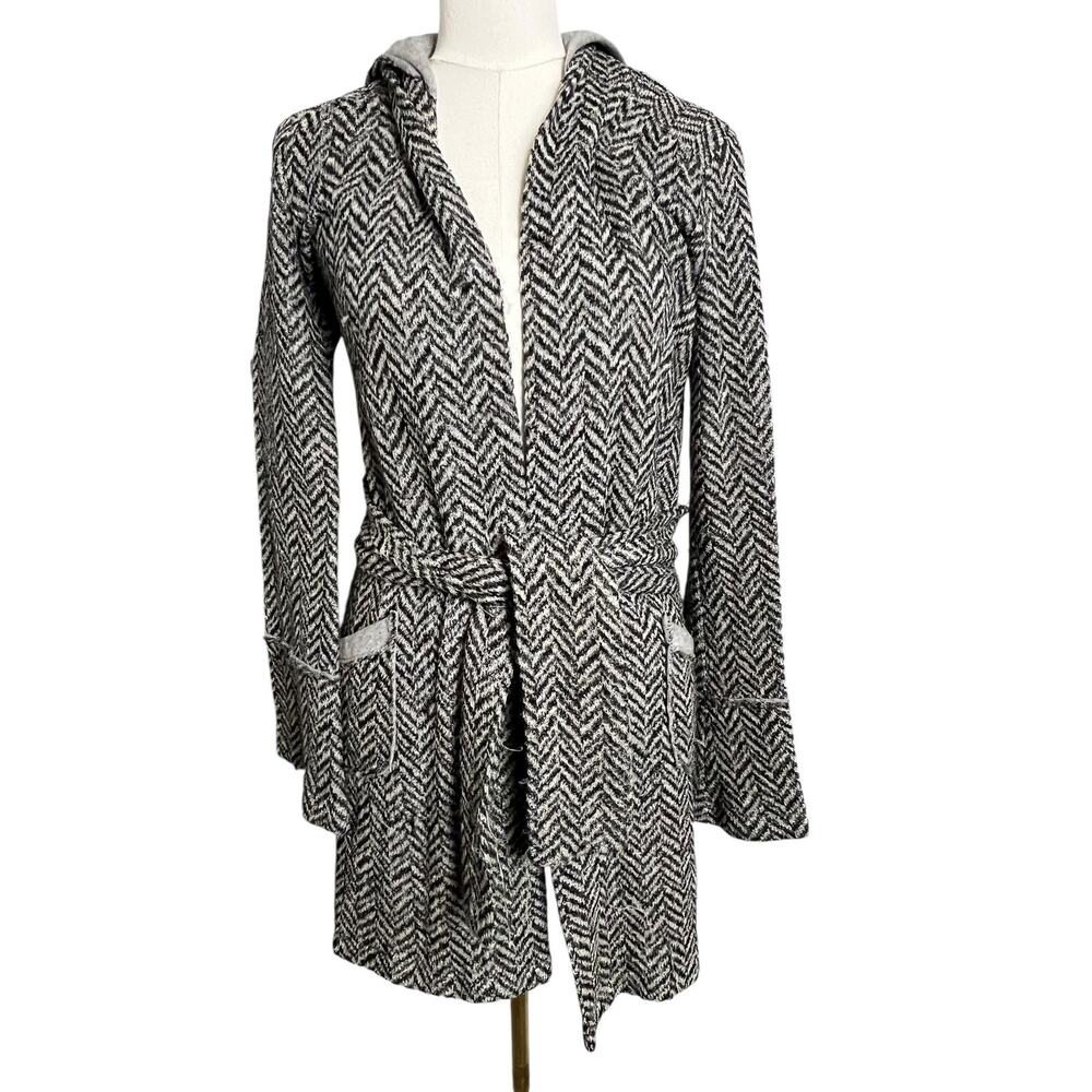 Nightcap Hooded Coatigan Womens 2 Gray Herringbone Belted Knit Jacket Open Front